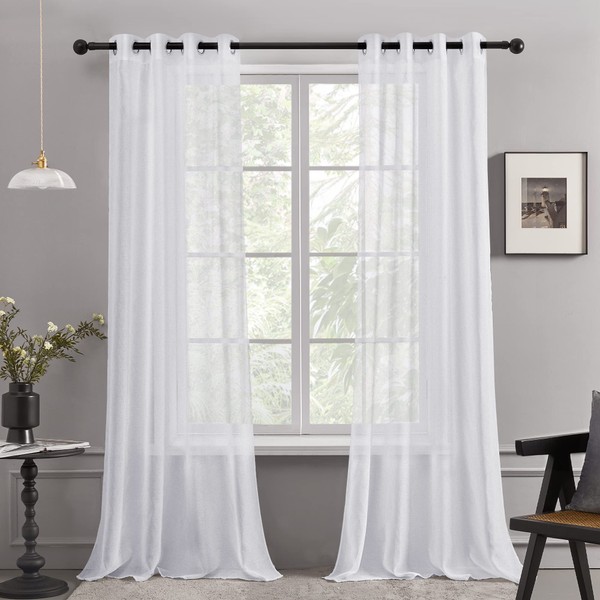 Deconovo Linen Effect Transparent Curtains, White, 245x140