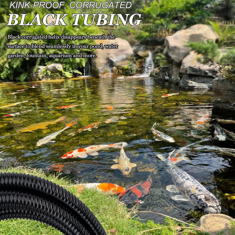 Pond Tubing,1 inch PVC Flexible Pond Hose, Black Corrugated Waterfall