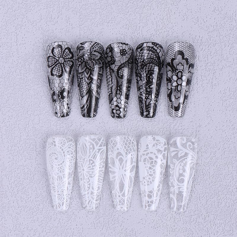 10 Stickers/Box White Nail Foil Lace Black Flower Spring Starry