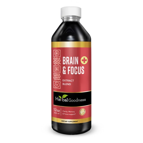 Herbal Goodness Brain and Focus - Nootropic Brain Supplement, Immune System Booster, Brain Health - Gingko, Graviola, Lion's Mane - Non-GMO, Natural - 12oz - 23 Servings