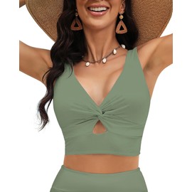 LookbookStore Women's Green Crop Tankini V-Neck Swim Tops Size L, 12, 14