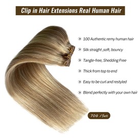 Clip in Hair Extensions Real Human Hair,Golden Blonde Balayage Blonde Highlights Real Hair Extensions Clip in Human Hair 7pcs 70G Clip in Extensions 22 Inch Double Wefts Hair Extensions Clip ins