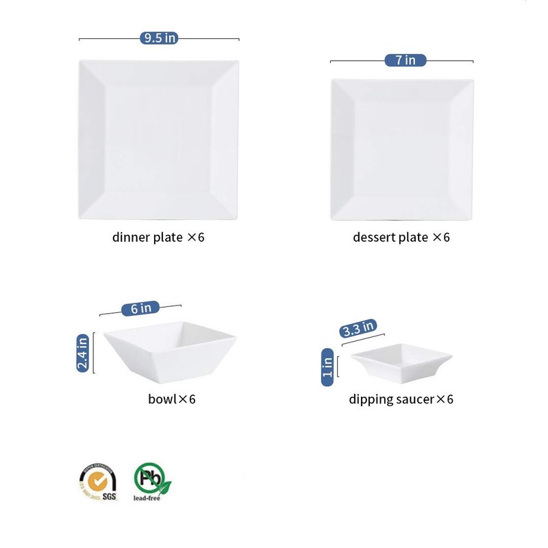 Porlien 24-Piece Classic Square Dinnerware Set for 6-Off White Plates