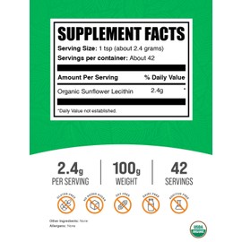 BulkSupplements.com Organic Sunflower Lecithin Powder - Sunflower Lecithin Supplement, Nutritional Supplement, Food Grade - Vegan & Gluten Free, 2.4g per Serving, 100g (3.5 oz) (Pack of 1)