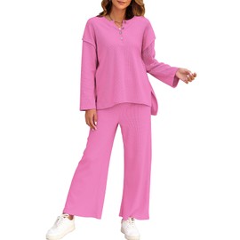 FANCYINN Women 2 Piece Outfits Oversized Tracksuit Loose Slouchy Sweatsuit Matching Lounge Sets Waffle Trendy Jumpsuit Sets Rose Red M