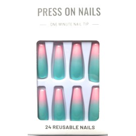 Press On Nails, 24 Reusable Pink and Turquoise Ombre Nail Tips, One Minute Application