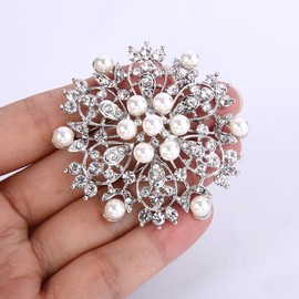 TENYE Women's Crystal Cream Simulated Pearl Winter Snowflake Flower Brooch Clear Silver-Tone