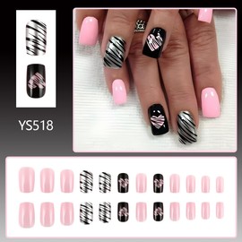 24Pcs Valentine Press on Nails Short Fake Nails with Heart Lines Designs Pink Black Silver False Nails Square Glossy Glue on Nails Cute Pink Heart Acrylic Nails Valentines Stick on Nails for Women