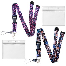 Pack of 2 Lanyards with Floral Pattern, 2 Pieces Transparent Card Holder, Lanyard with Card Holder, Safety Strap, ID Strap for Student ID, Removable Strap