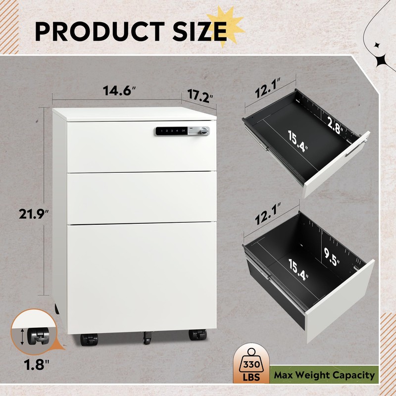 DEVAISE 3 Drawer File Cabinet with Combination Lock，Fully Assembled Metal