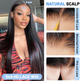 ZIYGBK 24 Inch 5x5 HD Lace Closure Wigs Human Hair Straight Wear and Go Glueless Wigs Human Hair Pre Plucked Pre Cut with Baby Hair 200% Density Straight Lace Front Wigs Human Hair For Women