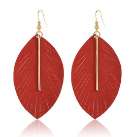 GBAHFY Feather Leather Layered Fringe Earrings for Women Boho Genuine Lightweight Leather Leaf Tassel Dangle Statement Earrings with Metal Bar (Red)