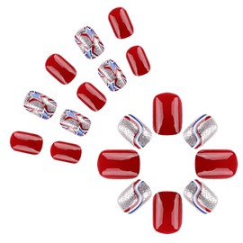24PCS Short Square Press On Nails, Independence Day Fake Nails, 4th of July Press on False Nails with Star Stripe Design July Fourth Red Silver Glitter Acrylic Full Cover Glue on Nails for Women Girls