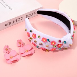 PHALIN Floral Headband for Women Summer Headband Daisy Flower Knotted Headband Embellished Jeweled Rhinestone Headband Spring Summer Outfits Accessories Party Gifts (White 1)