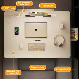 Laptop Desk for Bed Lap Desk with LED Desk Light, Adjustable Tablet Bed Table with Foldable Legs Storage Drawer, Breakfast Serving Tray Folding Laptop Stand Reading Holder for Sofa Couch Floor (Maple)