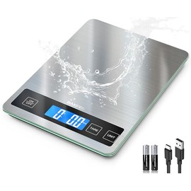 Food Scale, 33lb Digital Kitchen Scale with Stainless Steel & Tempered Glass, USB Rechargeable, 1g/0.05oz Precise Weighing, Splash-Resistant and Sturd