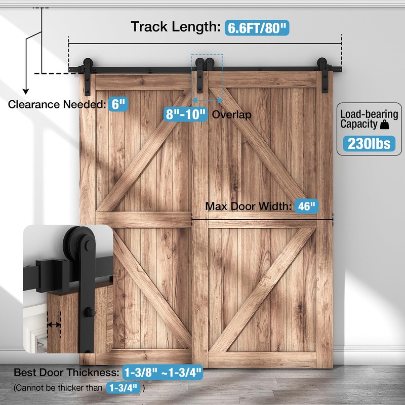 ZEKOO 6.6FT Single Track Bypass Sliding Barn Door Hardware Kit