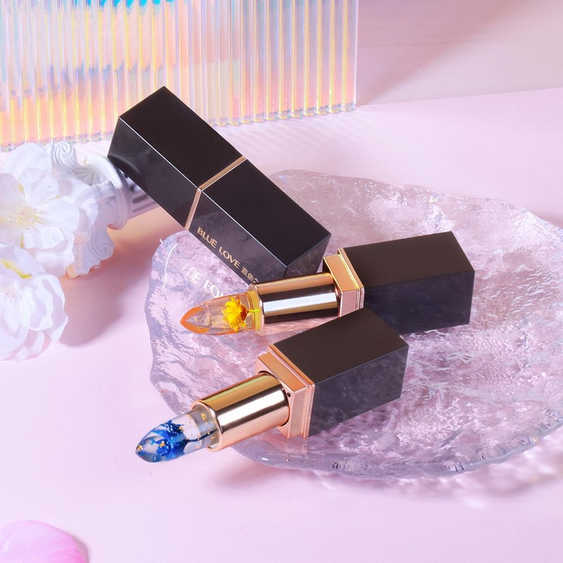 BLUE LOVE Color Changing Flower Lipstick, Jelly Temperature Change Clear