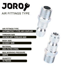 JOROY 3/8 Air Compressor Hose Fittings, Automotive T-Type, 3/8 Inch NPT Male Threads Size, Steel Material, 10 Pieces Air Plug Set