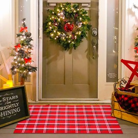 Christmas Red and Green White Plaid Rug - 28" x 43" Outdoor Front Door Mat, Cotton Washable Hand-Woven Rug for Layered Doormat, New Year Christmas Decor Carpet for Porch, Entryway