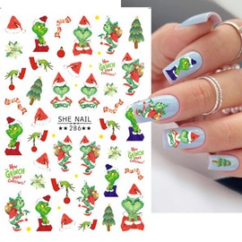 6 Sheets Christmas Grinch Nail Stickers for Nail Art - SHANRUN Cute Cartoon 3D Nail Art Stickers Self-Adhesive Sliders Nail Decals Supplies for Xmas Nail Tips DIY Press on Nails Decoration Accessories
