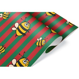 Birthday Christmas Kids Bee Gift Wrap, Red and Green Striped Wrapping Paper, Cute Bee Theme (Red, One 20 inch x 30 inch sheet)