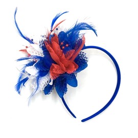 Union Jack Royal Blue White and Red Flower Feather Hair Fascinator on Headband Alice Band Royal Wedding Party Ascot Races