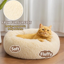 SEOUGEE Calming Donut Cat Bed, Fluffy Plush Round Dog Bed, Cosy Soft Washable Cushion Warming Pet Beds with Non-Slip Bottom, Indoor Sleeping Cuddler Nest for Cats Puppy Kitten (Cream 40cm)