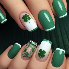 St. Patrick's Day Press on Nails Medium Square SWEKKE French Tip Green Fake Nails False Nails with Designs Rhinestones Four-leaf Clover Glossy Glue on Nails Acrylic Nails for Women Girls 24 Pcs