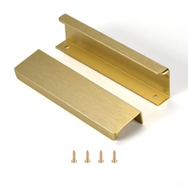 Satanga Edge Finger Tab Pull for cabinets Kitchen Concealed Drawer pulls Aluminum Flat Hidden Back Mount Door Handle for Home 10 Pack Modern Brushed Brass 5" Hole Center Easy Installation