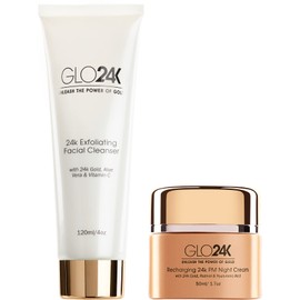 GLO24K Exfoliating Facial Cleanser and Night Cream with 24k Gold, Retinol, and Aloe Vera. Optimize your Daily Beauty Routine.