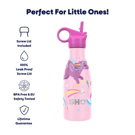 SHO Kids Bottle - Original 2.0 - Ultimate Insulated, Double Walled Stainless Steel Vacuum Flask & Water Bottle - 12 Hours Hot & 24 Hours Cold - 260ml - BPA Free (260ml, Unicorn with Straw Lid)