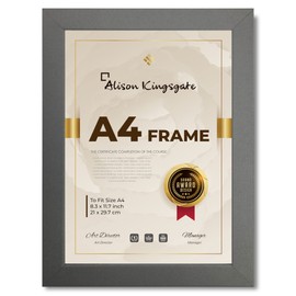 Alison Kingsgate A4 Frame Grey in Size 29.7 x 21cm Use for Certificate Grey Frame Pictures/Photos/Posters, A4 Frame with Clear Perspex Sheet & Wall Mounted Hook (Dark Grey)