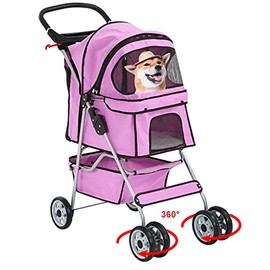 Dog Stroller Pet Stroller Cat Stroller for Medium Small Dogs Foldable Travel 3 Wheels Waterproof Puppy Stroller,Multiple Colors (Pink)