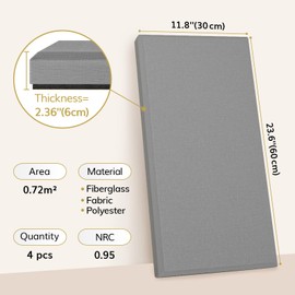 TONOR 4 PCS Large Acoustic Panel, 23.6″ * 11.8″ * 2.36″ 3D Fiberglass Sound Proof Panel with Full Self-adhesive, Decorative Echo Absorbing Wall Panel, for Studio, Living Room, Home, Office, Grey