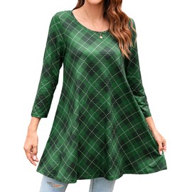 Enmain Tunic Tops 3/4 Long Sleeve Crew Neck Tartan Women Tunic Dress Top for Leggings Green 3XL