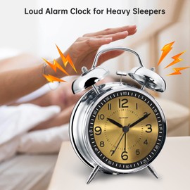 Peakeep Loud Alarm Clock for Heavy Sleepers Adults, Metal 4.5" Twin Bell Battery Operated Alarm Clocks for Bedrooms Decoration (Golden)…