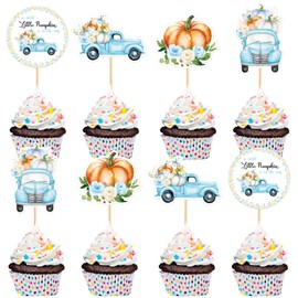 24 Pack Little Pumpkin is On the Way Cupcake Toppers Pumpkin Car Flower Baby Shower Baby Boy Decorations Pumpkin Birthday Decorations Cupcake Picks Pumpkin Gender Reveal Cupcake Toppers blue