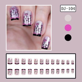 Funny Heart Leaf Press on Nails Cute Fake Nails Black Pink French Tip Glue on Nails Short Square Glossy Stick on Nails Romantic Artificial Acrylic Nails for Women