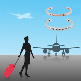 Ensianth Safe Travels Bracelet Pilot Gift Airplane Cuff Bracelet Traveling Bracelet Aviation Jewelry Flight Attendant Gift (Rose Gold)