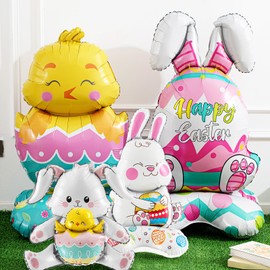 Cinnvoice 4 Pcs Large Size Easter Balloons Bunny Rabbit Chicken Egg Shaped Foil Balloons with Base Standing for Happy Easter Birthday Home Spring Baby Shower Animal Themed Party Decorations