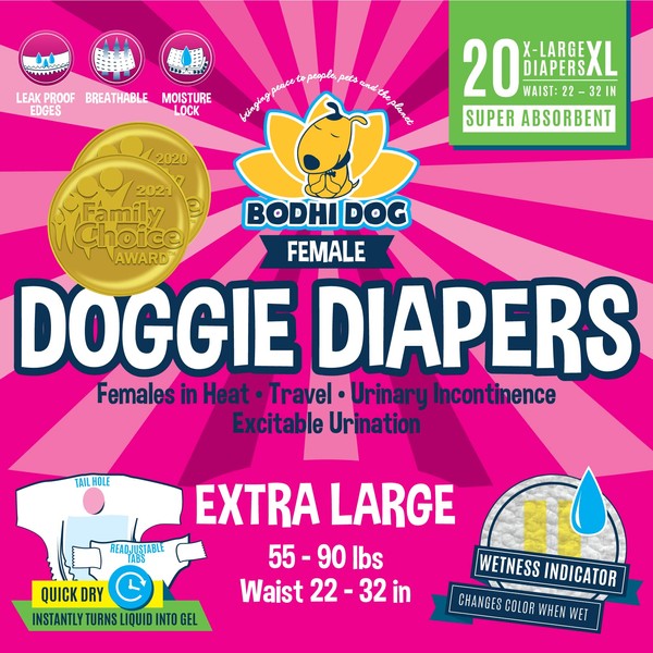 Bodhi Dog Disposable Female Dog Diapers | Super Absorbent Leak-Proof Fit | Premium Adjustable Dog Diapers with Moisture Control & Wetness Indicator | 20 Count Extra Large Size.