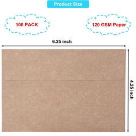 100 Pack 4x6 Envelopes for Invitations, Brown Kraft Envelopes, Self Seal A4 Envelopes for Greeting Cards Gift Cards, Photos, Postcards, Invitation Envelopes for Wedding, Graduation, Baby Shower, Party