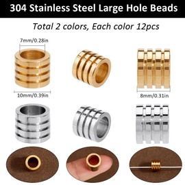 SUNNYCLUE 1 Box 24Pcs Metal Barrel Beads Large Hole Column Spacer Beads Bulk 10mm Gold Silver 304 Stainless Steel Tube Spacers Bead for Jewellery Making DIY Crafts Earrings Bracelets Necklace