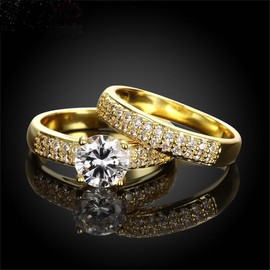Uloveido Women's Gold and Platinum Plated AAA CZ Engagement Band Double Wedding Rings Set Fashion Bridal Rings Set for Women KR005, Metal Crystal, Cubic Zirconia