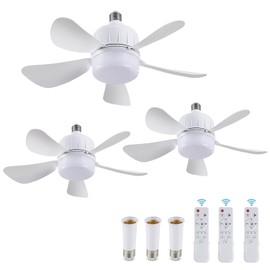 Socket Fan Light with Remote, Dimmable LED Ceiling Fans with Lights, 15" Screw in Socekt Fans and Socket Extender, 3 Colors 3000K-6500K, Replacement Light Bulb Fan for Kitchen Garage Bedroom, White-3P