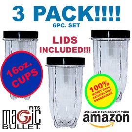 16oz Cups 6 Piece Set - 3 Replacement Cups WITH LIDS for Magic Bullet Blender LIDS INCLUDED