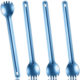 4 Pieces Titanium Long Handle Spork and Spoon Ultralight Portabale Flatware 8.7 Inch Soup Spoon Camping Spork for Outdoor Camping Backpacking Hiking Travel Picnic Tableware (Blue)