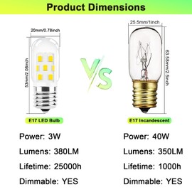 LED Microwave Light Bulb Over Stove Appliance 8206232A 40W Incandescent Equivalent, E17 LED Bulb Dimmable for Refrigerator, Range Hood, 3W 380LM Warm White 3000K, T7 Intermediate Base, Pack of 2