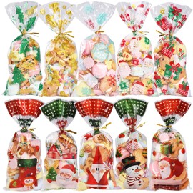 100PCS Christmas Candy Bags, GeeRic Xmas Candy Bags with Twist Tie, 10 Different Designed Snowflake Cookie Bag with Merry Christmas Snowman, Santa Claus, Christmas Tree, Gift Case, Elk Print Pattern
